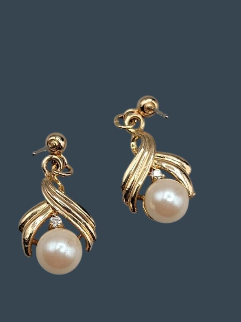 Vintage Faux Pearl Rhinestone Accented Drop Post Earrings Gold Tone Dangling